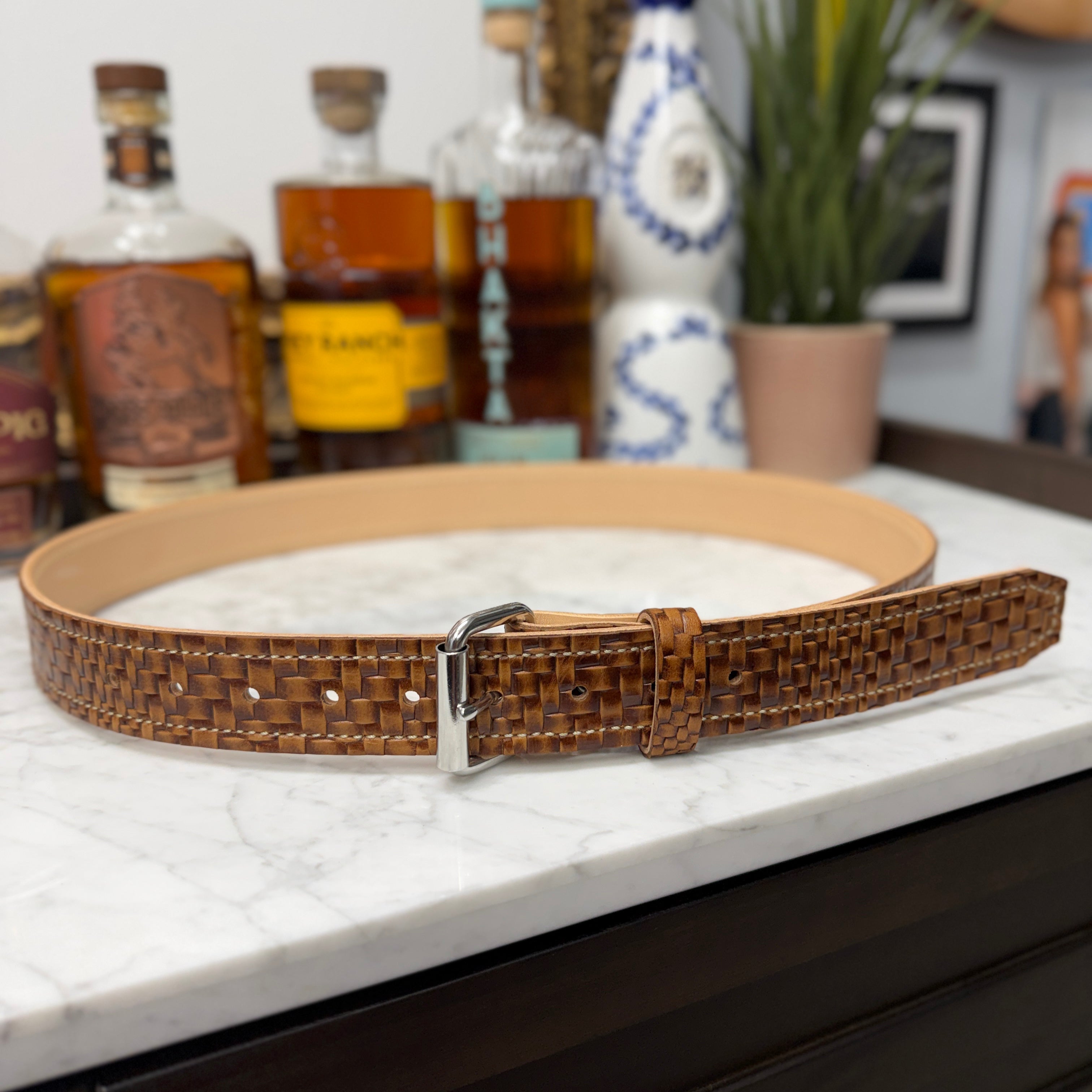 Toehold Brown Grenade Skin Belt showing textured leather strap and buckle for men’s fashion accessory.