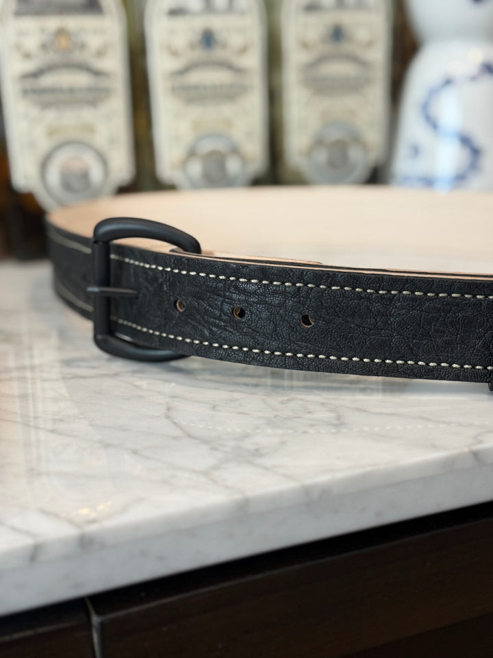 Black elephant belt from Toehold featuring a detailed elephant design on durable material.