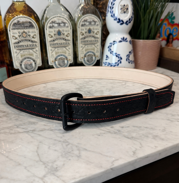 Black elephant belt by Toehold featuring a detailed elephant design on durable black leather.